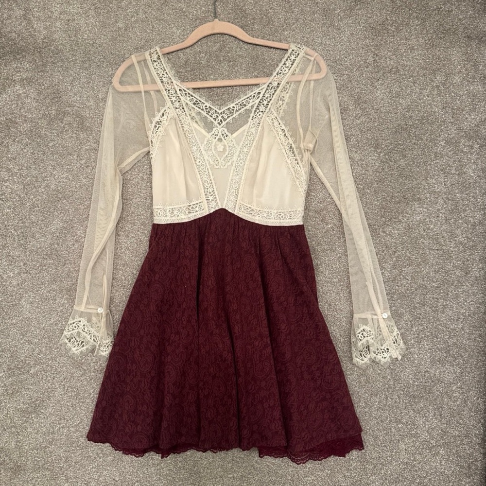 Free People Cream and Burgundy Long Sleeve Dress xs 2 Victorian lace Victoria - Picture 2 of 7
